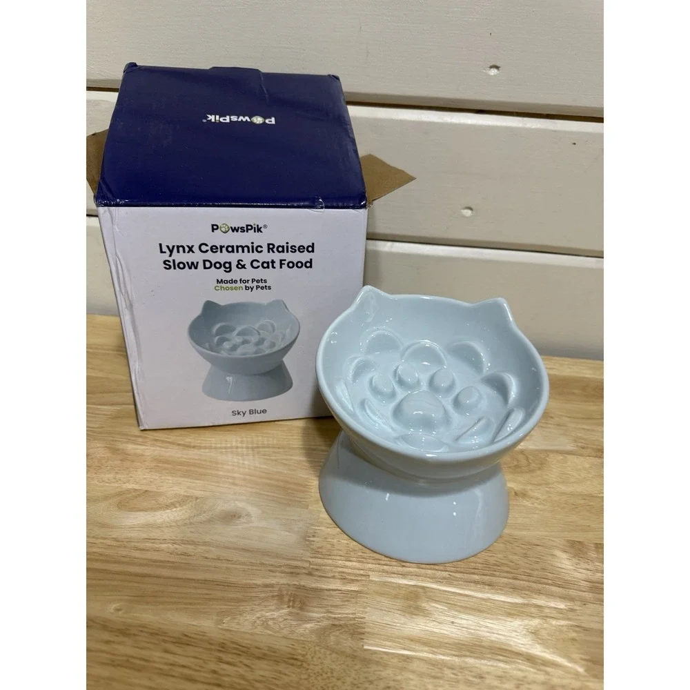 PawsPik Raised Ceramic Slow Feeder Dog & Cat Food Bowl Sky Blue
